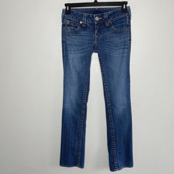 TRUE RELIGION Jeans Women 28 Johnny Slim Straight Low-Rise Distressed Logo USA - Picture 1 of 9